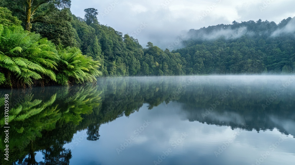 Misty Morning Reflection on Serene Lake Surrounded by Lush Green Foliage Misty Morning Reflection on Serene Lake Surrounded by Lush Green Foliage