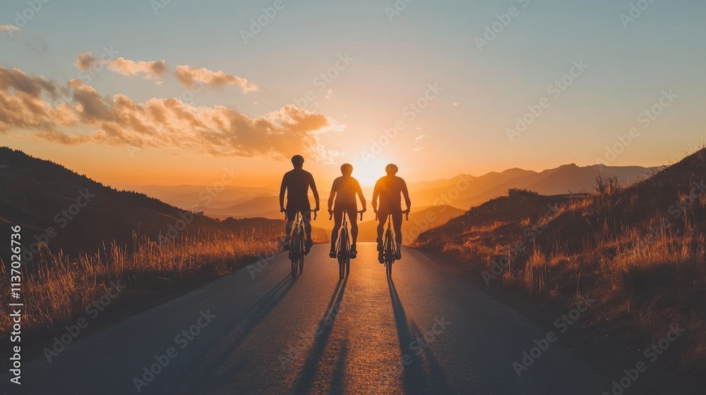 Three cyclists in silhouette ride towards the sunset along a quiet mountain road. The scene is bathed in a warm golden light, with distant hills and clouds adding depth and beauty to the evening Three cyclists in silhouette ride towards the sunset along a quiet mountain road. The scene is bathed in a warm golden light, with distant hills and clouds adding depth and beauty to the evening