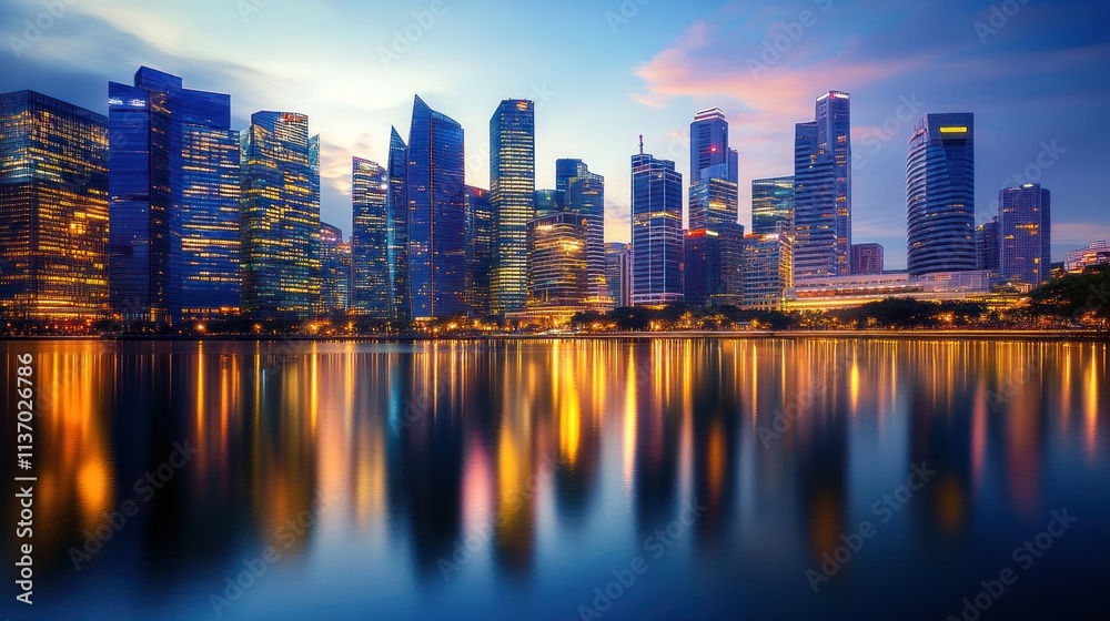 Fototapeta premium Singapore Skyline at Twilight: A Captivating Reflection