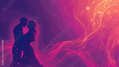 A romantic poster for a Valentinea??s dance event, featuring a silhouette of a couple in a warm glow, soft pink and purple tones, and the event details in chic fonts.