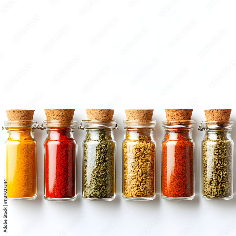 A row of spice jars with different colors representing various spices like paprika, turmeric, and cinnamon A row of spice jars with different colors representing various spices like paprika, turmeric, and cinnamon