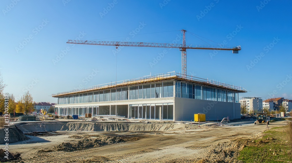 Construction Site: Modern Building Under Construction with Crane Construction Site: Modern Building Under Construction with Crane