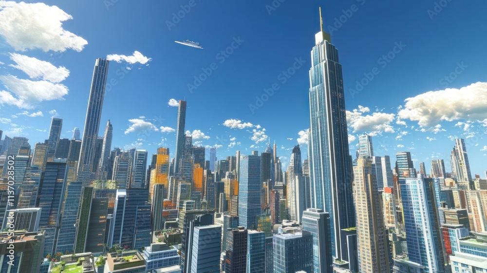 Fototapeta premium Futuristic City Skyline: A Modern Metropolis Under a Bright Sky