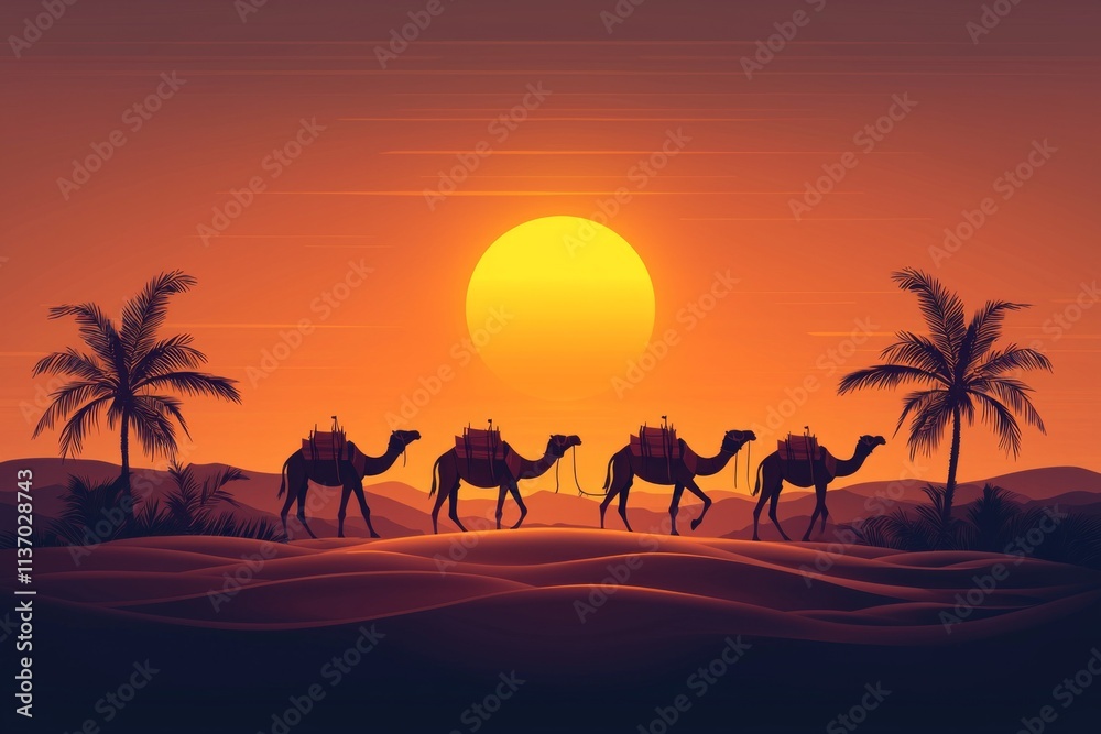 caravan of camels travels across soft golden dunes in vast desert silhouetted against warm vibrant sunset sky. Palms punctuate tranquil landscape. caravan of camels travels across soft golden dunes in vast desert silhouetted against warm vibrant sunset sky. Palms punctuate tranquil landscape.