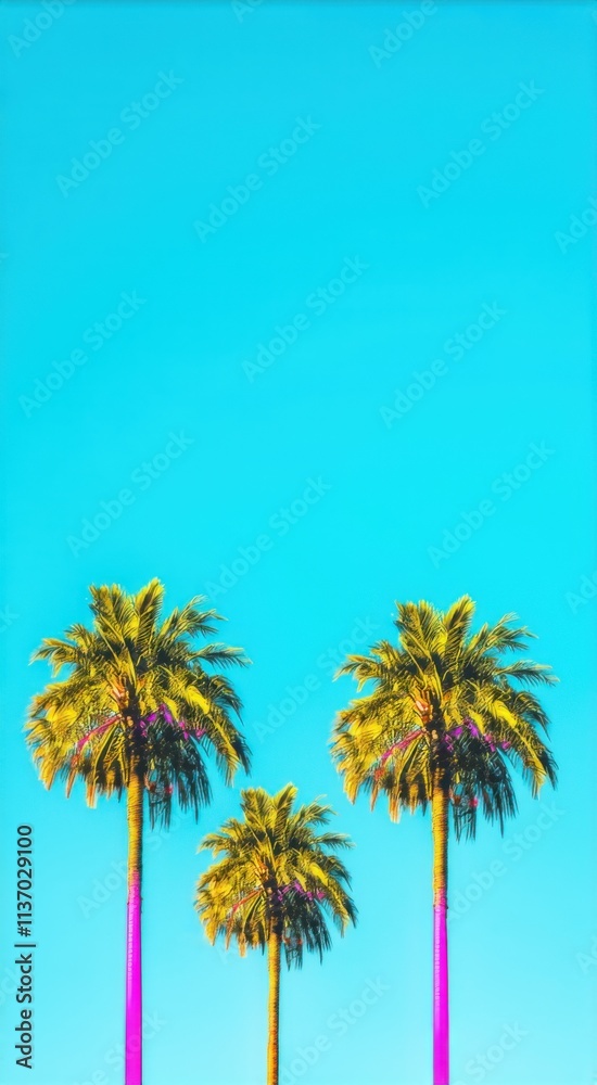 Fototapeta premium Three palm trees are standing in front of a blue sky