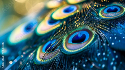 Close up of a peacock's feather with a blue center. The feather is very detailed and has a lot of color