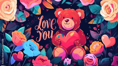 A set of vibrant digital stickers for Valentinea??s Day, including a bouquet of roses, a teddy bear holding a heart, and 
