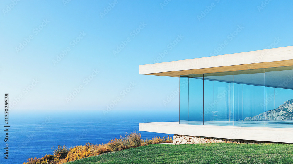 Fototapeta premium A modern minimalist glass house on a hillside, overlooking a vast ocean.