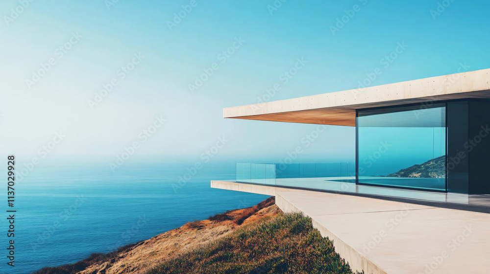 A modern minimalist glass house on a hillside, overlooking a vast ocean. A modern minimalist glass house on a hillside, overlooking a vast ocean.