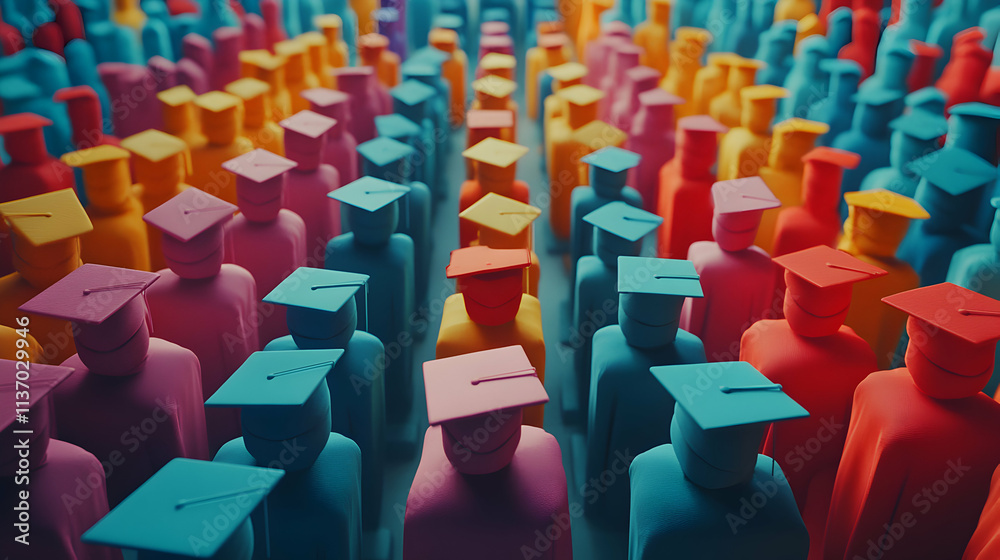 Obraz premium Colorful Graduates, A Celebration of Academic Achievement and Future Endeavors. Students Wear Caps and Gowns, Representing Diverse Paths.