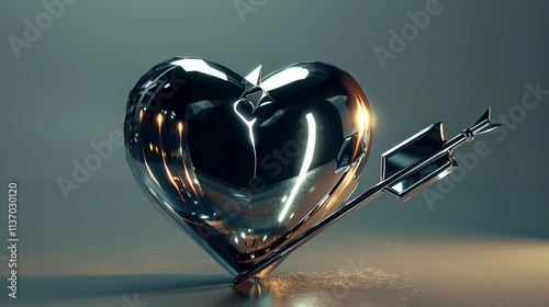 A shiny metallic heart with an arrow piercing through it, reflecting light in a dramatic contrast of sharp edges and smooth curves.
