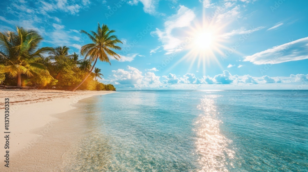 Tropical Paradise: Idyllic Beach Scene with Palm Trees and Azure Waters Tropical Paradise: Idyllic Beach Scene with Palm Trees and Azure Waters