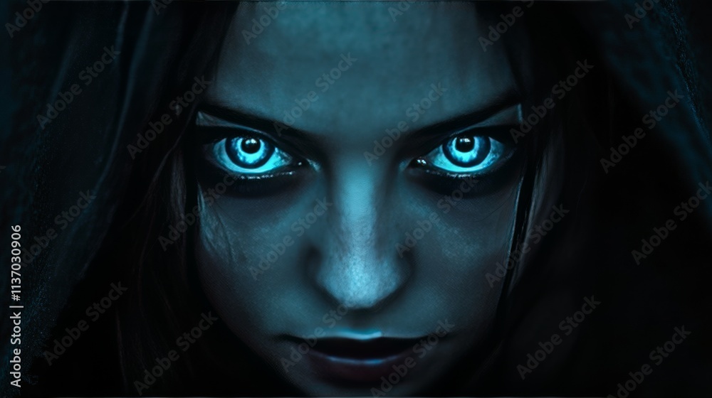 A striking portrait of a person with glowing blue eyes staring intensely from the shadows. The moody lighting adds a sense of mystery and intrigue, perfect for fantasy or thriller themes.. AI A striking portrait of a person with glowing blue eyes staring intensely from the shadows. The moody lighting adds a sense of mystery and intrigue, perfect for fantasy or thriller themes.. AI