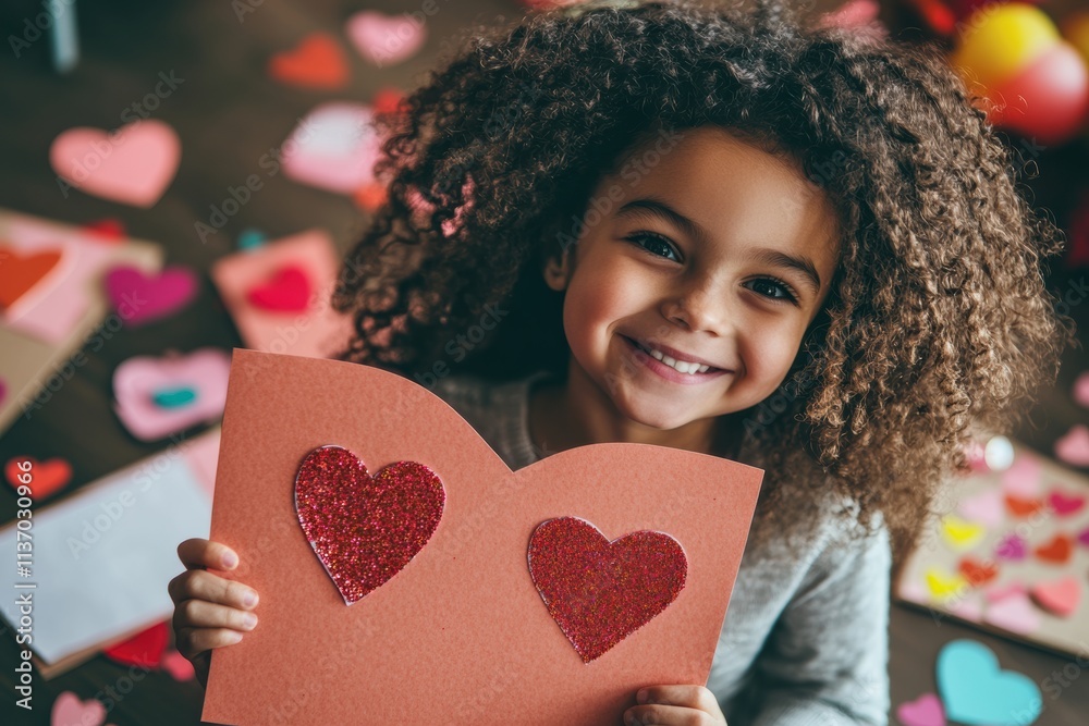 A young child joyfully celebrates Valentines Day by giving a handmade card with colorful hearts, expressing heartfelt affection and embodying the romance and creativity of the occasion