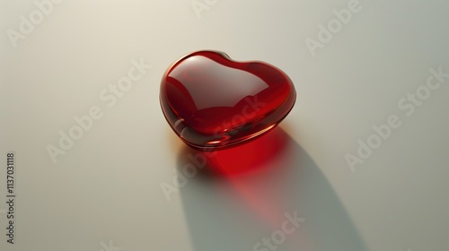 A simple red heart on a clean white background, glowing softly with subtle light reflections.