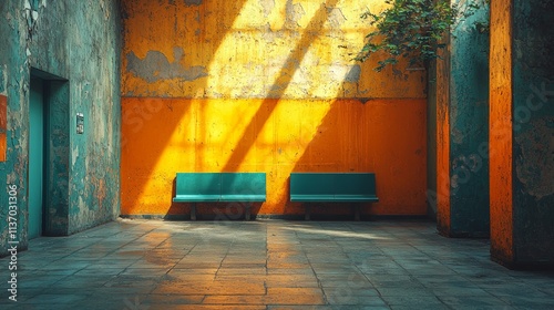 Bright sunlight illuminating a vibrant yellow and green urban space photo