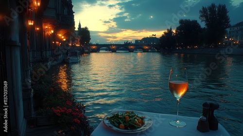 Romantic Parisian dinner by the Seine at sunset. photo