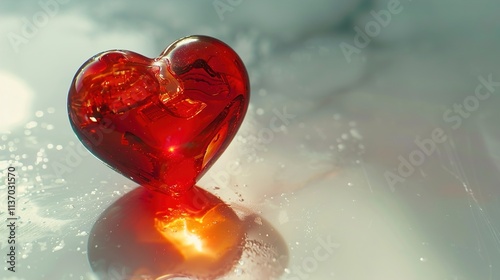 A simple red heart on a clean white background, glowing softly with subtle light reflections.