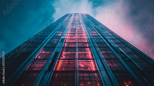 Wallpaper Mural A modern skyscraper with a sleek metallic exterior, towering above the city with vibrant city lights reflecting off its surface. Torontodigital.ca