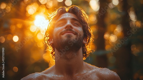 Man enjoying sunlight in a forest with a joyful expression photo