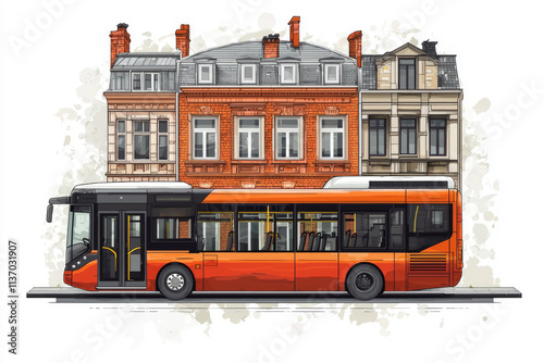 city bus is parked minimalist stop surrounded simple building silhouettes. soft pastel colors and clean lines evoke sense of urban life and travel.