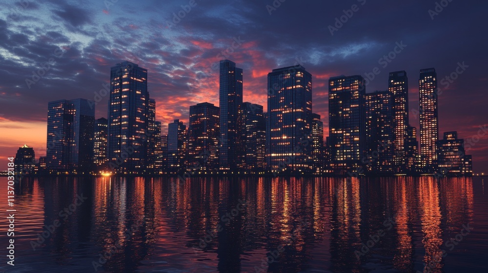 Fototapeta premium Night Cityscape Reflection at Sunset