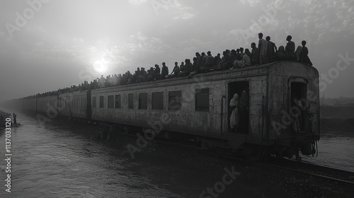 Overcrowded Train Traveling Through a Rural Landscape