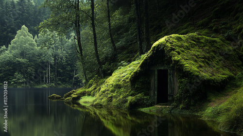 A moss-covered hut near a silent lake, its door creaked open and shadows lingering just beyond. photo