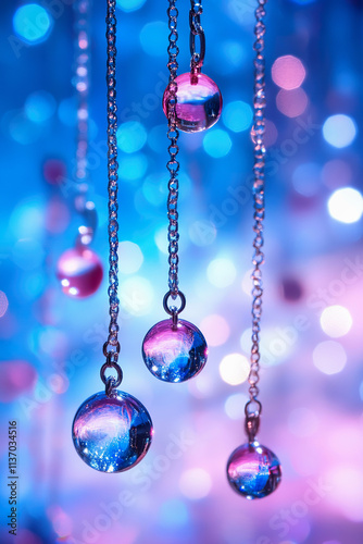 Hanging glass orbs with colorful bokeh lights in background