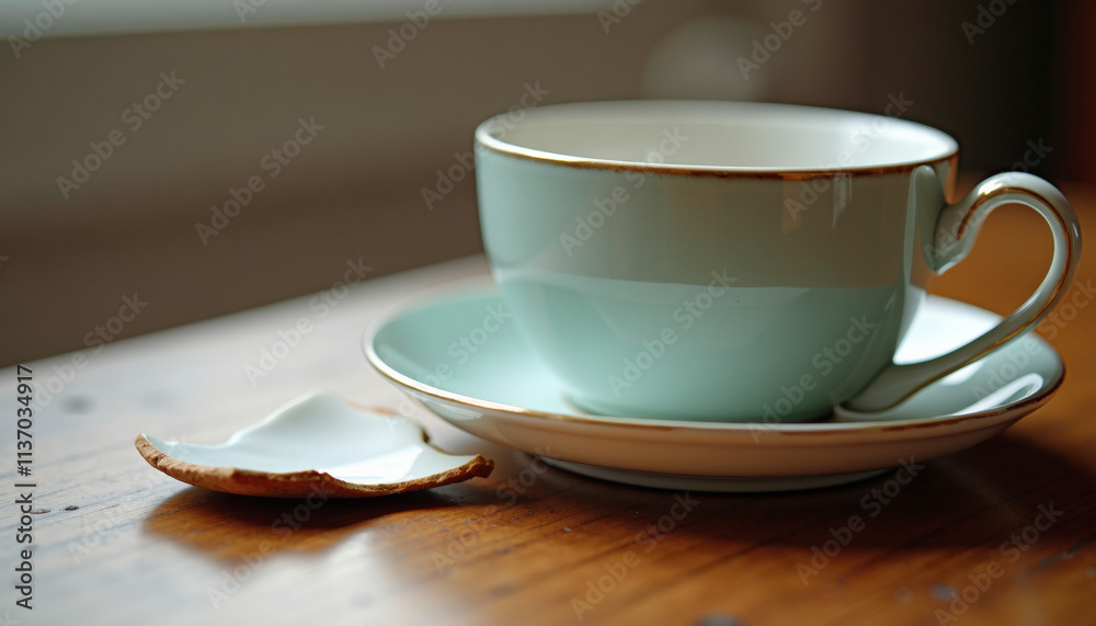 Mint Green Tea Cup and Saucer with a Broken Piece Mint Green Tea Cup and Saucer with a Broken Piece