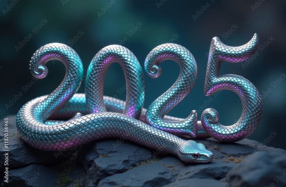 2025 Neon Snakeskin Numbers, Snake Symbol of the Year, Christmas, Blue Background 2025 Neon Snakeskin Numbers, Snake Symbol of the Year, Christmas, Blue Background