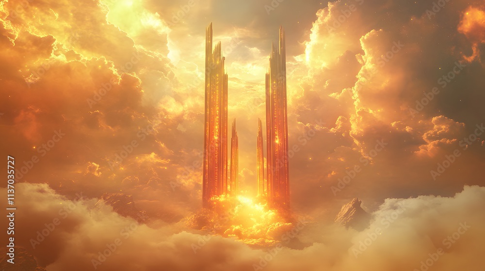 Obraz premium Golden Towers Rise Above Heavenly Cloudscape