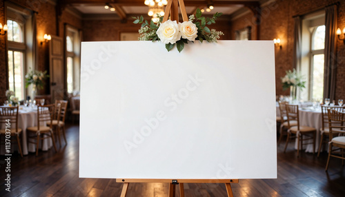 Elegant blank white seating chart display in vintage ballroom, wedding decor