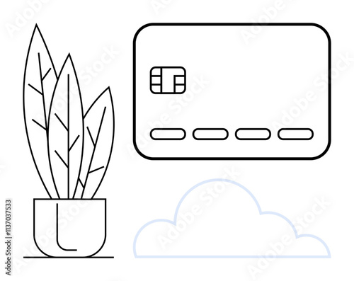 Credit card, potted plant, and cloud outline. Ideal for digital finance, online security, eco-friendly banking, cloud storage, e-commerce fintech modern technology. Line metaphor