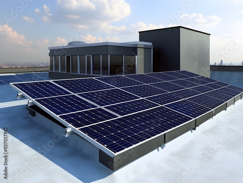 A rooftop solar panel installation harnessing solar energy for sustainability. photo