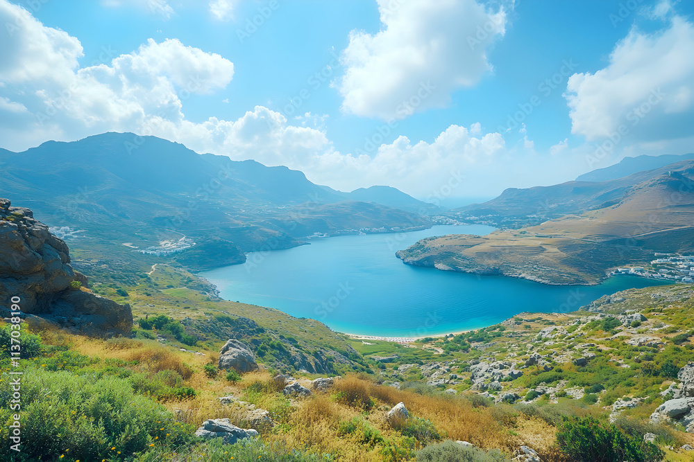 Panoramic View of a Secluded Coastal Bay Nestled Between Majestic Mountains under a Sunny Sky Panoramic View of a Secluded Coastal Bay Nestled Between Majestic Mountains under a Sunny Sky