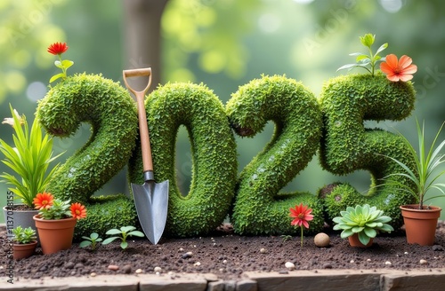 2025 Lawn Numbers with Flowers and Garden Supplies, nature Background, Christmas, New Year, Card