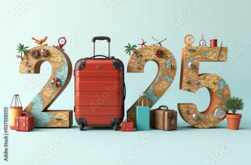 Numbers 2025 made from map, travel theme, red suitcase, Christmas new year card, light background, tourism, touristic staff