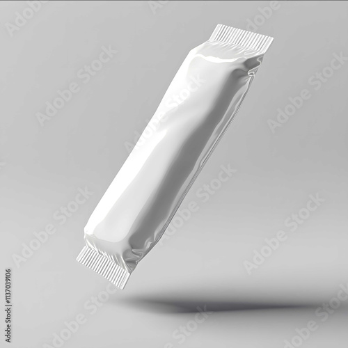 Create a 3Drendered mockup of an ice cream bar packaging that is floating in midair The packaging should be oriented to showcase more of the side view with a slight photo