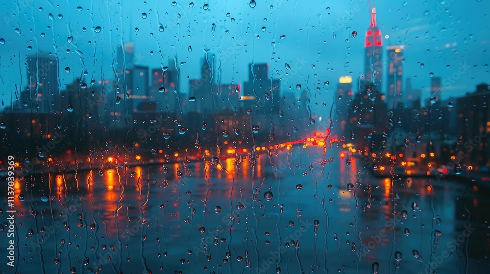 Fototapeta premium A rainy cityscape view with droplets on glass, highlighting urban lights and reflections.