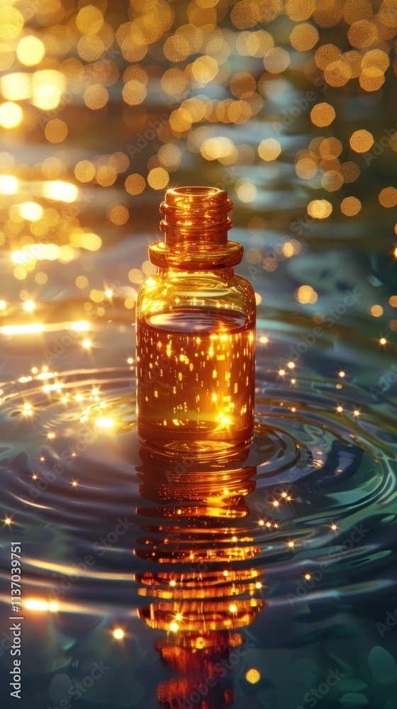 Glowing Glass Bottle Reflected in Mesmerizing Rippling Water Captivating Abstract Liquid Art with Warm Golden Tones and Shimmering Bokeh Lights Glowing Glass Bottle Reflected in Mesmerizing Rippling Water Captivating Abstract Liquid Art with Warm Golden Tones and Shimmering Bokeh Lights