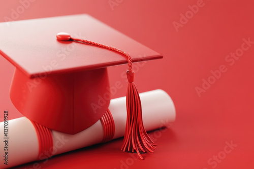 vibrant red graduation cap with tassel rests on rolled diploma, symbolizing achievement and celebration
