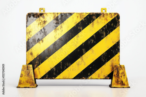 weathered construction barrier with yellow and black stripes, showcasing signs of wear and tear, stands prominently