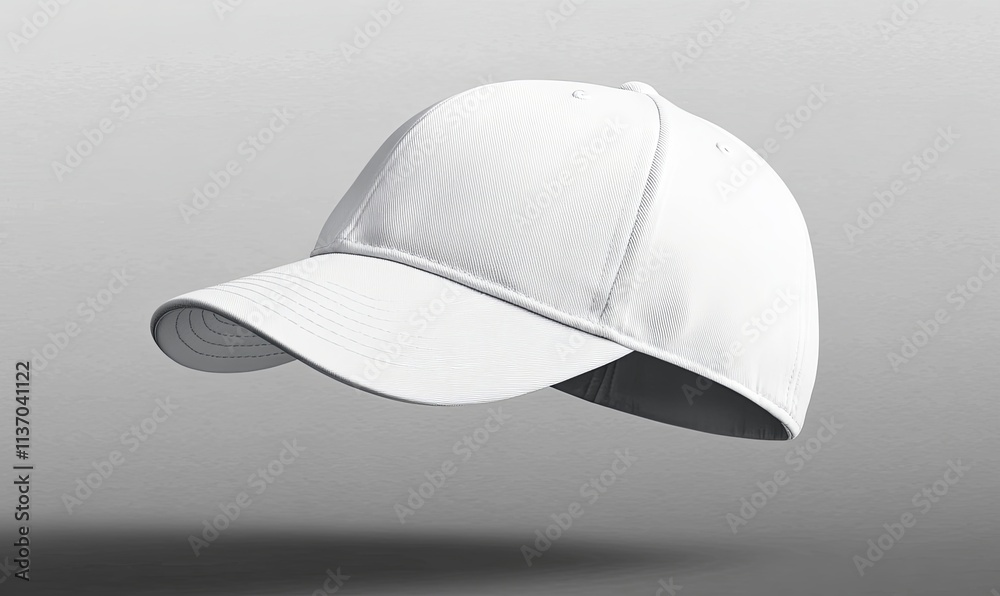 A clean, white baseball cap floats against a grey background, showcasing its simple design and blank surface. A clean, white baseball cap floats against a grey background, showcasing its simple design and blank surface.