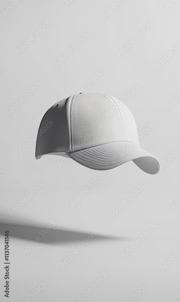 A clean, white baseball cap levitates against a minimalist, light grey background, casting a subtle shadow. A clean, white baseball cap levitates against a minimalist, light grey background, casting a subtle shadow.
