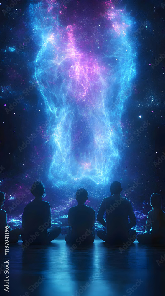 Cosmic Family, Silhouetted figures watch a vibrant nebula, a celestial spectacle unfolds before them in an awe-inspiring digital illustration. Cosmic Family, Silhouetted figures watch a vibrant nebula, a celestial spectacle unfolds before them in an awe-inspiring digital illustration.