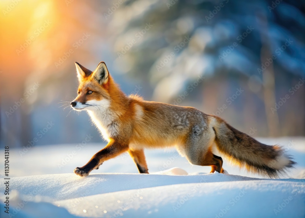 A majestic fox sprints across a snowy winter wonderland. A majestic fox sprints across a snowy winter wonderland.