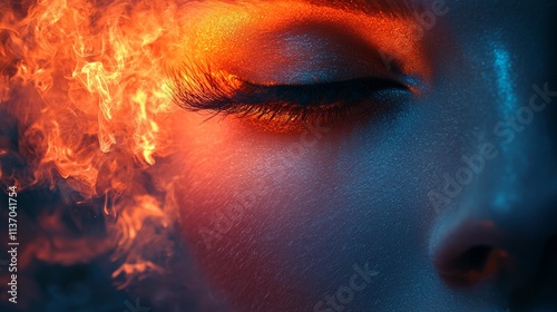 Close-up of a closed eye with fiery glowing artistic highlights photo