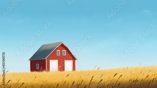 A quaint red barn with white trim, nestled in a field of tall golden grass under a clear blue sky.