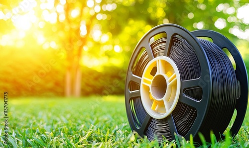 A spool of black filament sits on green grass with a sunlit background.